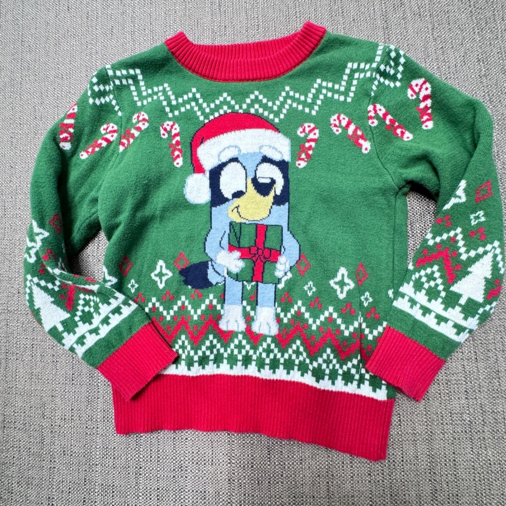 Bluey Christmas Sweater Kids 3T Green Red Fair Isle Holiday Knit Pullover